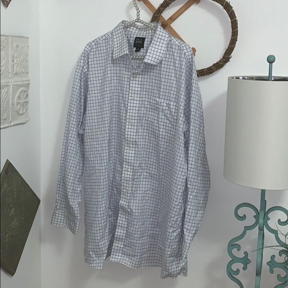 Jos A Bank Traveler Shirt Mens 18 35 Tailored Fit Cotton White Blue Dress Check